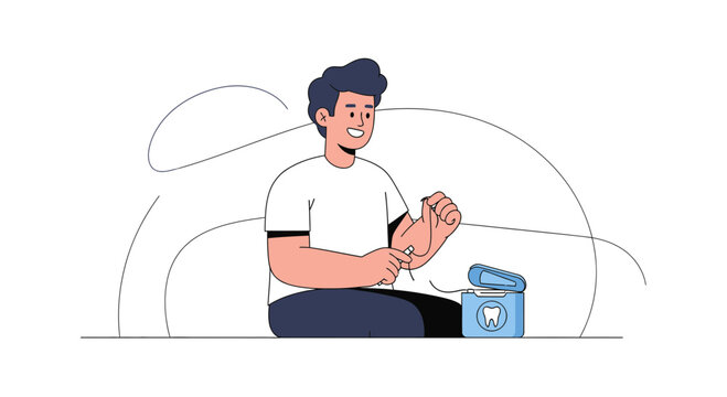 Man Smiling While Flossing Teeth, Dental Hygiene Concept, Modern Flat Vector Illustration