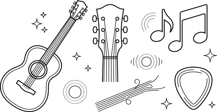 Acoustic guitar line icons set with musical notes headstock plectrum sound waves stars linear outline vector illustration elements