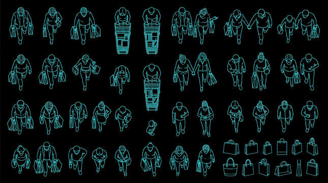 Top View People Shoppers CAD Block Collection AutoCAD Blueprint Architectural Technical Drawing Vector Set