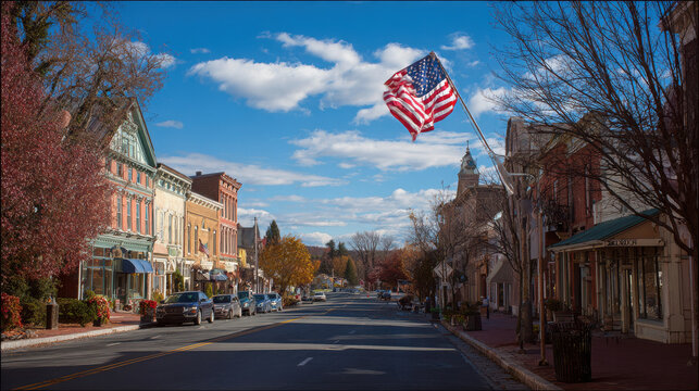 American flag waving on a pole above a small town street with buildings and cars