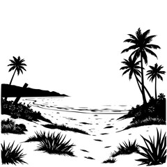 A serene tropical beach landscape silhouette featuring palm trees, sandy shore, and ocean waves at sunset, ideal for travel and vacation themes. © Sarfaraz