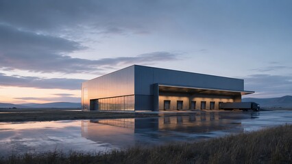 Fototapeta premium Modern industrial building with reflective facade at dusk, surrounded by water and open landscape.