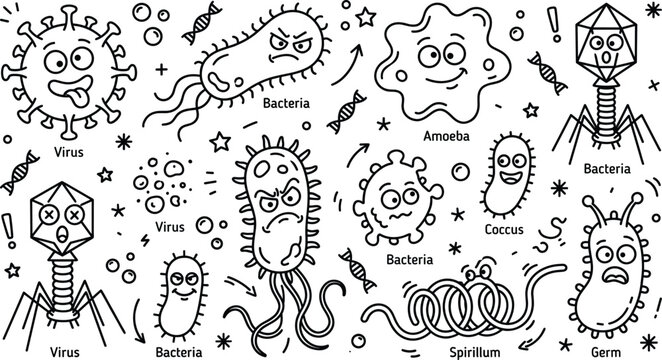Cute bacteria and virus cartoon characters line art set with amoeba microbe germ cell linear outline vector graphics