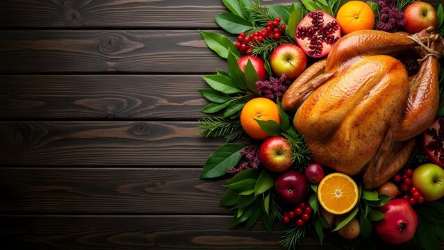 Roasted turkey with seasonal fruits and foliage on a dark wood surface
