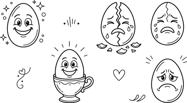 Cute egg cartoon characters line art set with happy sad broken crying faces emotions linear outline vector graphics
