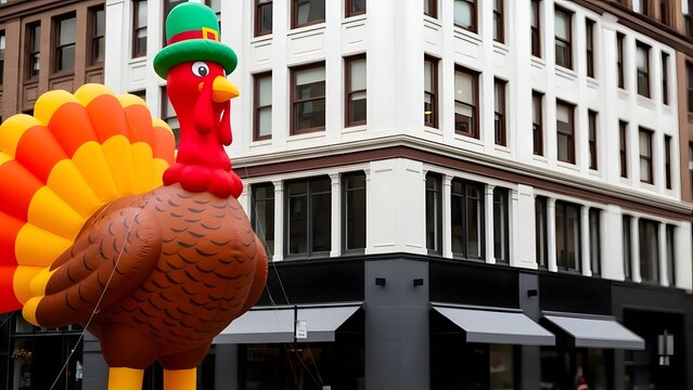 Large inflatable turkey balloon floats near a building during a thanksgiving parade