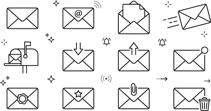 Email line icons set with envelope mailbox message incoming outgoing newsletter paperclip trash notification linear outline vector graphics