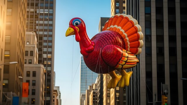 Giant turkey balloon floats over new york city skyscrapers during thanksgiving parade