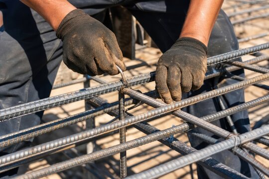 Construction worker hands tying steel rebar reinforcement bars with wire on building site, close-up view of manual labor in concrete foundation framework under bright sunlight