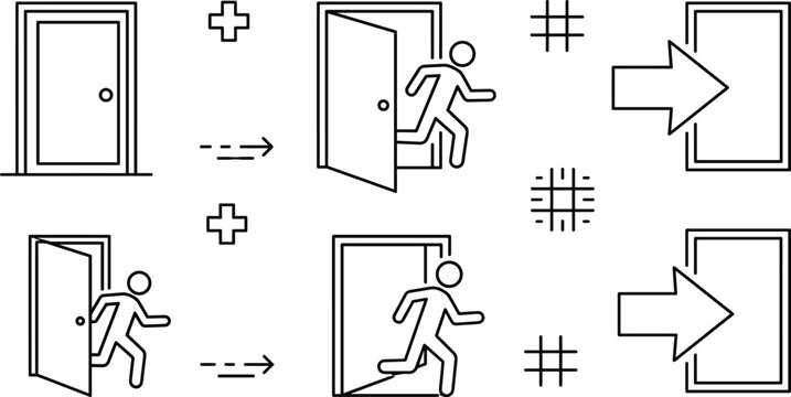 Emergency evacuation line icons set with running man escaping open door arrow exit route linear outline vector graphics