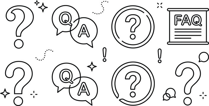 FAQ and question mark line icons set for help support qa information desk website linear outline vector graphics