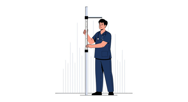 Medical professional measures patient's height using stadiometer in clinic, growth check illustration