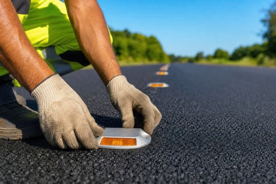 Road construction worker installing reflective road studs on fresh black asphalt highway wearing safety gloves and high visibility vest, close-up perspective of infrastructure maintenance on sunny day