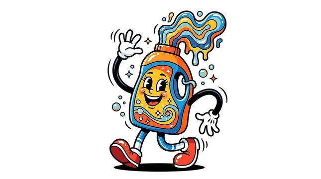 Smiling laundry detergent bottle with a wavy, melting cap and bendy rubber hose arms