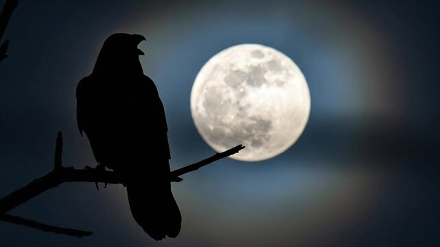 Silhouette of a crow perched on a tree branch against a bright full moon in a dark night sky