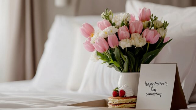 a stack of fluffy pancakes topped with fresh strawberries and a dollop of whipped cream, a small vase with a bright bouquet of tulips