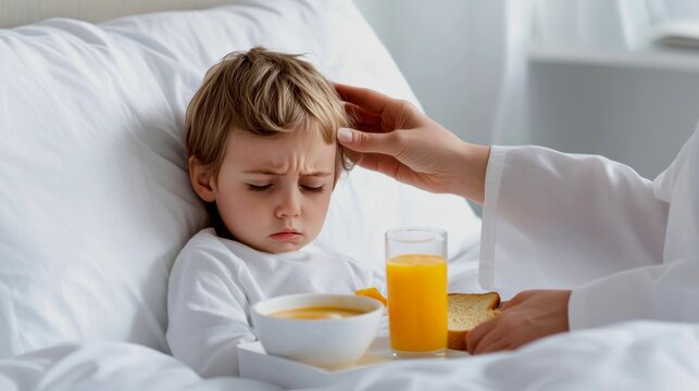 emotional scene of parental care. A child is propped up against pillows in bed, looking a bit unwell but comforted