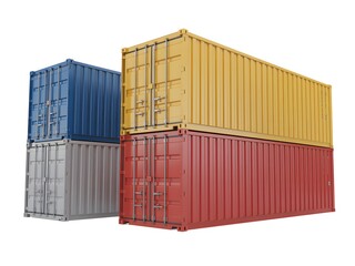 Fototapeta premium Stack of industrial shipping containers in red blue yellow and grey colors
