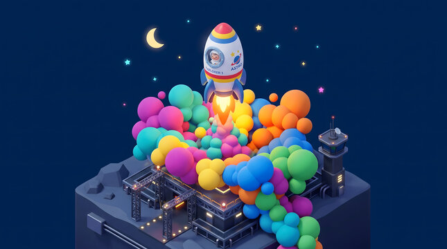 Cute 3D isometric rocket launch with colorful smoke clouds and starry night sky illustration