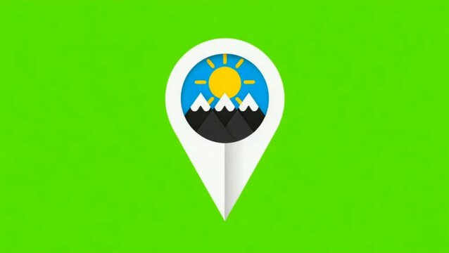 Minimalist Location Pin Icon Pop-Up Animation Reveals Mountain Scenery on Green Screen