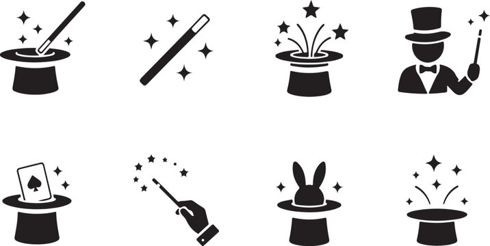 Magic trick icon set illusion performance symbols collection with magician show graphic design elements