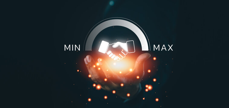 A glowing handshake icon hovers above an open hand, symbolizing agreement or partnership with a dial showing a scale from min to max.