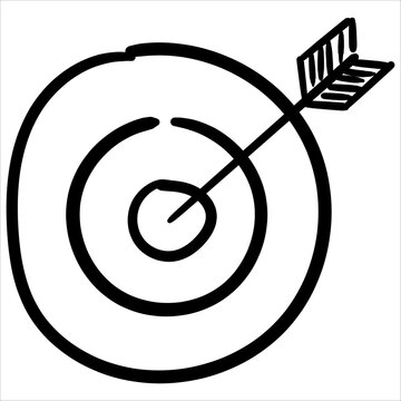 Hand-drawn arrow striking the center of a target, symbolizing precision, success, and achieving objectives. Ideal for business and educational concepts.