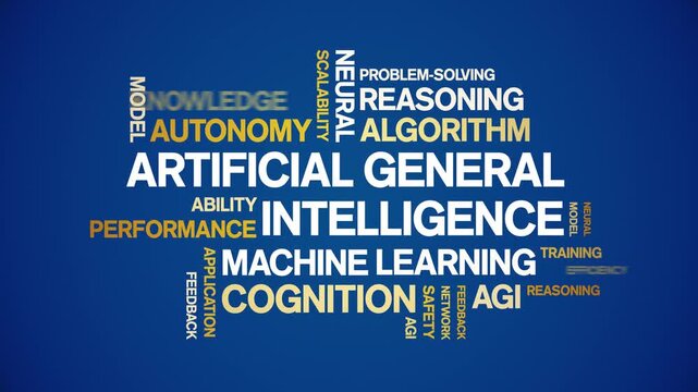 AGI Artificial General Intelligence animated word cloud-gross domestic product animation tag kinetic typography seamless loop.