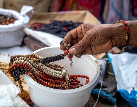 A person's hand, adorned with a bracelet, holds a string of beads over a white bucket filled with various colorful beads