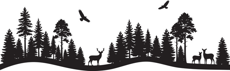 Black and white vector illustration showing a dense pine forest silhouette with wild deer and soaring birds in the sky © Monivara Creations