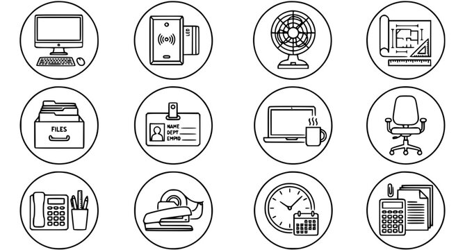 Minimalist office workspace circular badge line icons vector set with thin outline corporate business stamp symbols for UI UX