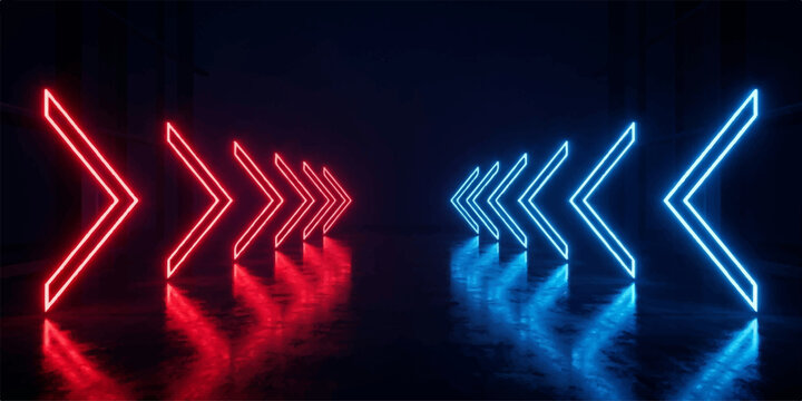 Symmetrical neon arrow tunnel with reflective floor and dark background sci fi corridor futuristic abstract reflective geometry technology perspective illumination direction minimalist