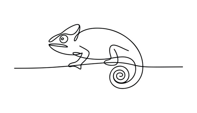 One continuous line illustration of an chameleon animal , isolated on white background.