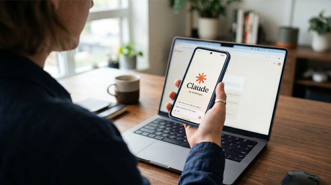 Person holding smartphone with Claude AI by Anthropic app interface on screen in front of laptop on desk in home office workspace for generative artificial intelligence and assistant technology