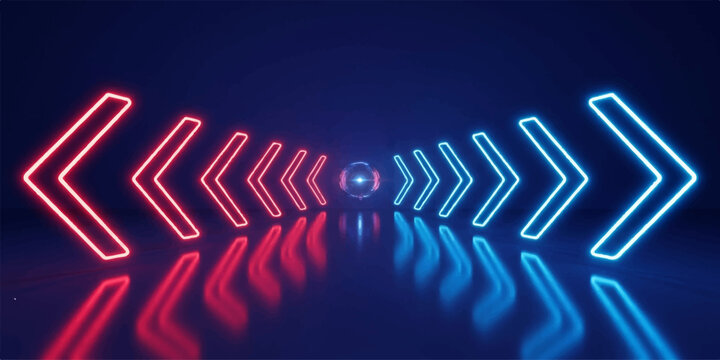 Abstract neon arrow pathway glowing in red and blue light with sci fi futuristic abstract reflective geometry technology perspective illumination direction minimalist background artistic