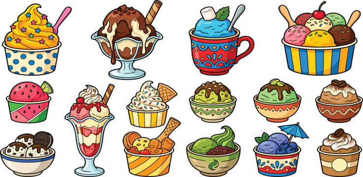 Gourmet ice cream sundae vector collection featuring soft serve cups chocolate bowls strawberry parfait cookie cream glass and traditional gelato dessert sets