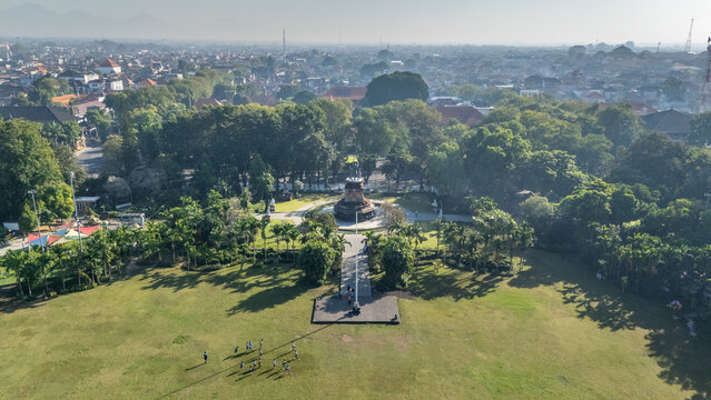 Aerial drone view of Bajra Sandhi Monument and Lapangan Puputan park in Denpasar, Bali, Indonesia