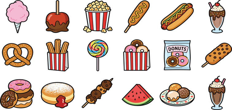 Amusement park carnival food vector icon collection featuring cotton candy popcorn corn dog hot dog pretzel churros lollipop donuts and milkshake treats