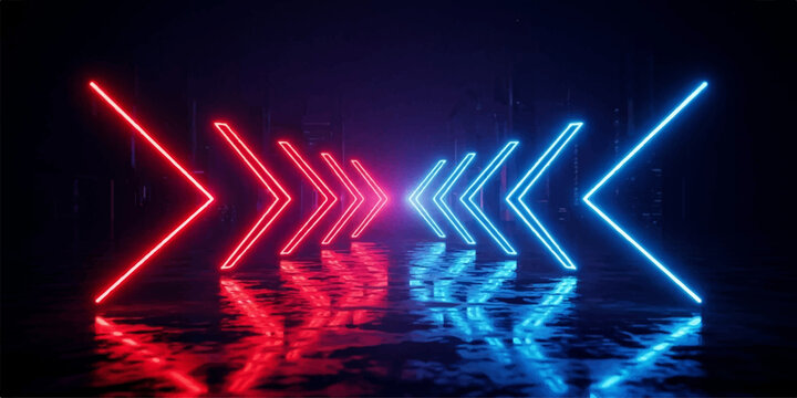 Abstract glowing neon arrow pathway on reflective ground with abstract direction futuristic background reflection technology perspective electric illumination sequence wallpaper geometry