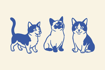 Three blue and white cartoon cats sitting and standing Vector, illustration © Jrdesign0