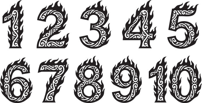 A collection of stylized numbers from 1 to 10, each designed with intricate tribal patterns and fiery flames engulfing their forms, presented in a top-down view.