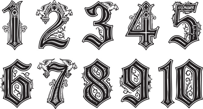 A collection of ornate, gothic-style numbers from one to ten, presented in a decorative, illustrative format.