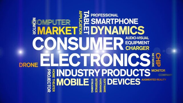Consumer Electronics animated word cloud-gross domestic product animation tag kinetic typography seamless loop.
