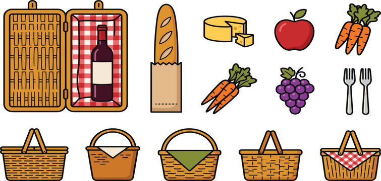 Summer picnic vector clip art set with wicker hamper case wine bottle baguette bread cheese wheel fruits carrots and picnic basket variations