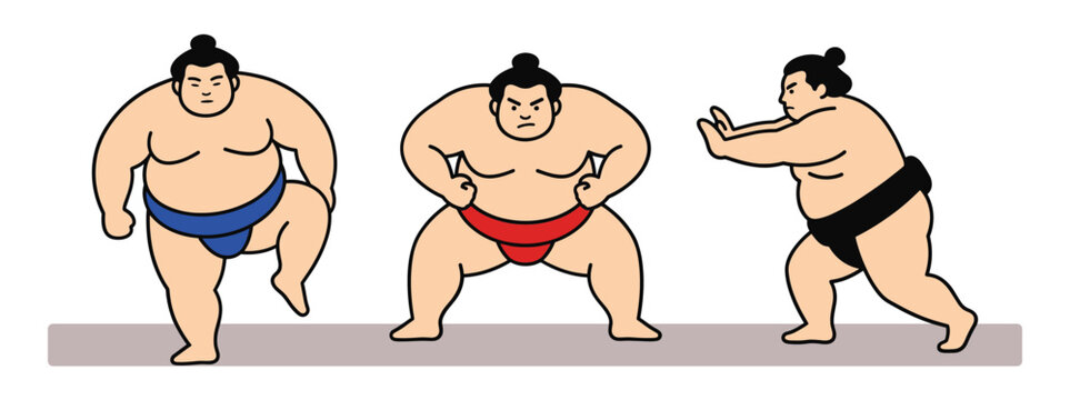 Sumo wrestlers performing traditional moves. Sumo wrestlers in traditional stances and pushing poses