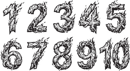 Obraz premium A striking black and white illustration of numbers one through ten, each depicted as if engulfed in flames and smoke, rendered in a detailed, textured style.