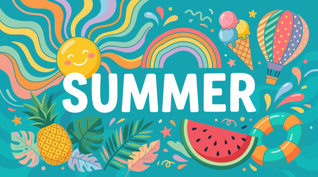 Vibrant summer graphic design with stylized text and colorful illustrations of fruits and sweets on a turquoise background.