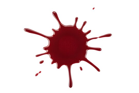 A single dark red liquid blood or paint splash on white surface with splatter, abstract