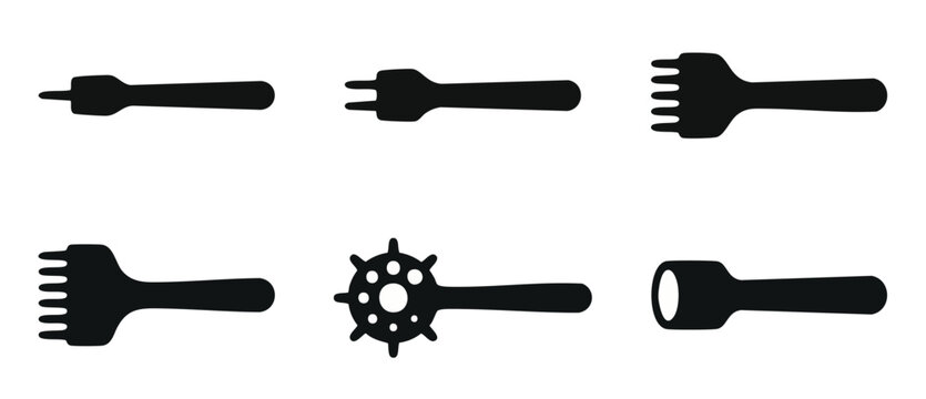 Leather sewing tools silhouette icons set containing pricking irons stitching chisels and rotary punch wheel vector graphics isolated on a white background for handmade craft design project's elements