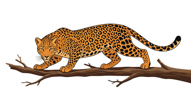 Playful full body vector illustration of a wild spotted leopard walking gracefully on a wooden tree branch against a white background